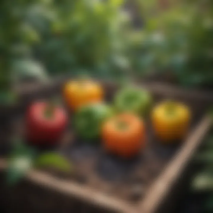 Colorful bell peppers growing in a well-maintained raised bed