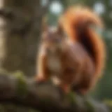 A red squirrel perched on a tree branch, showcasing its vibrant fur and bushy tail