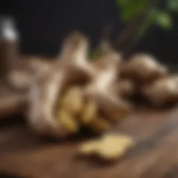 Fresh ginger root on a wooden surface