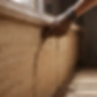 A hand applying termite spray to a wooden beam in a house