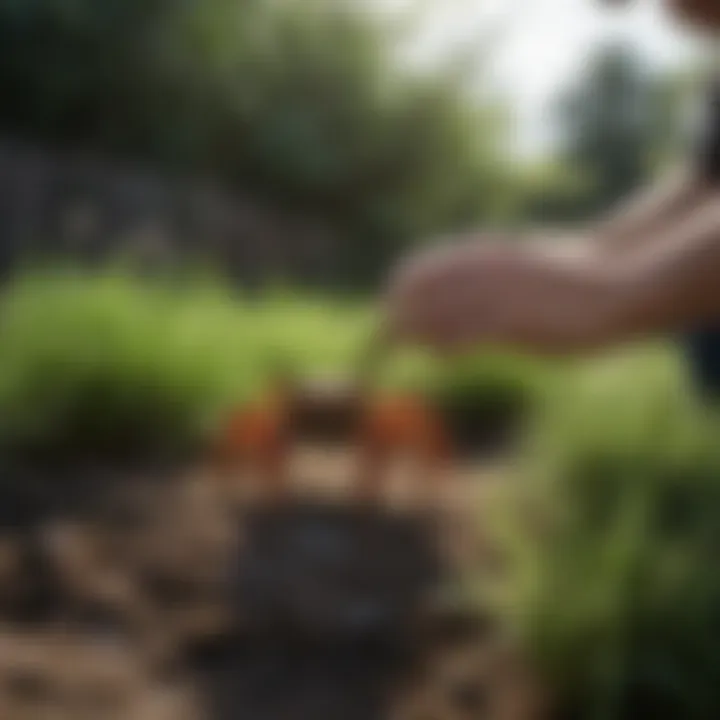 Manual removal of crab grass from a garden bed