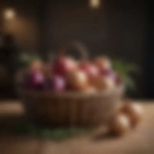 Variety of onions displayed in a rustic basket