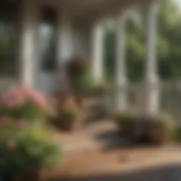 A peaceful porch setting with blooming flowers attracting bees.