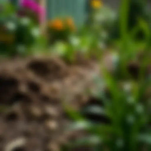 A close-up of a garden affected by mole activity, showing mounds of earth and disturbed soil.