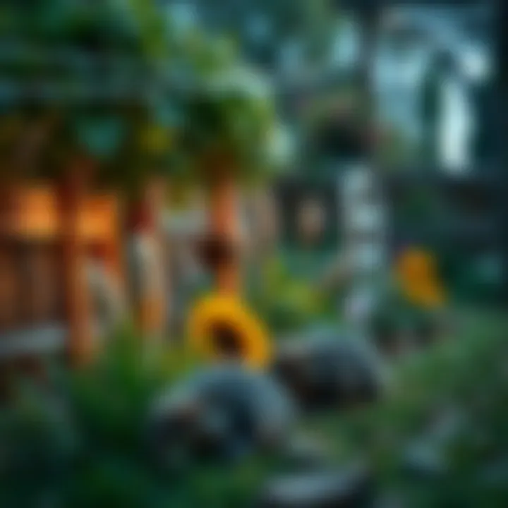 A serene garden scene showcasing natural repellents like plants and barriers to deter moles.