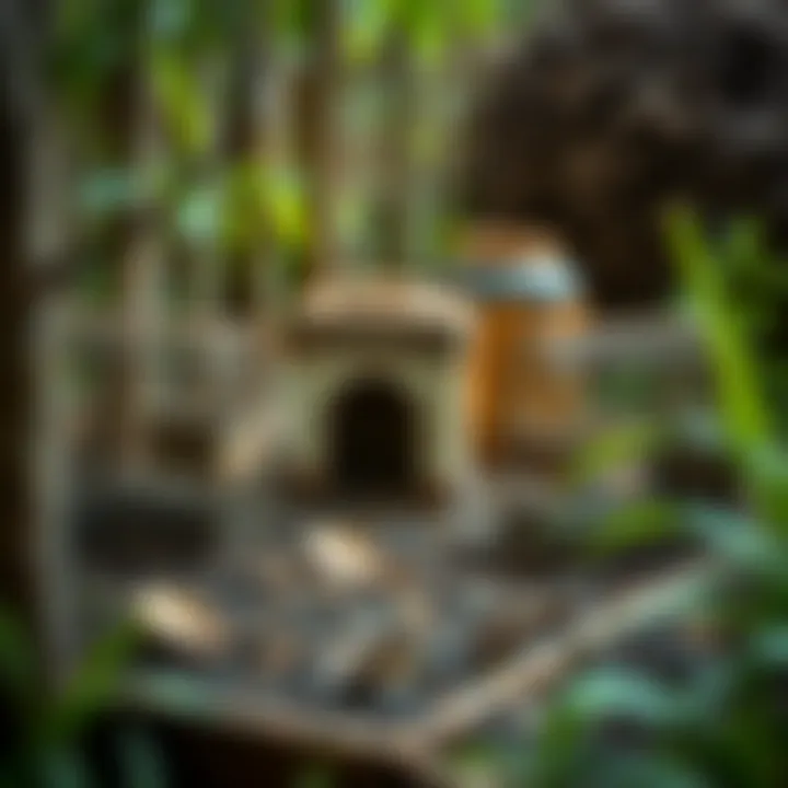 An illustration of traditional mole traps set in a garden environment, ready for use.