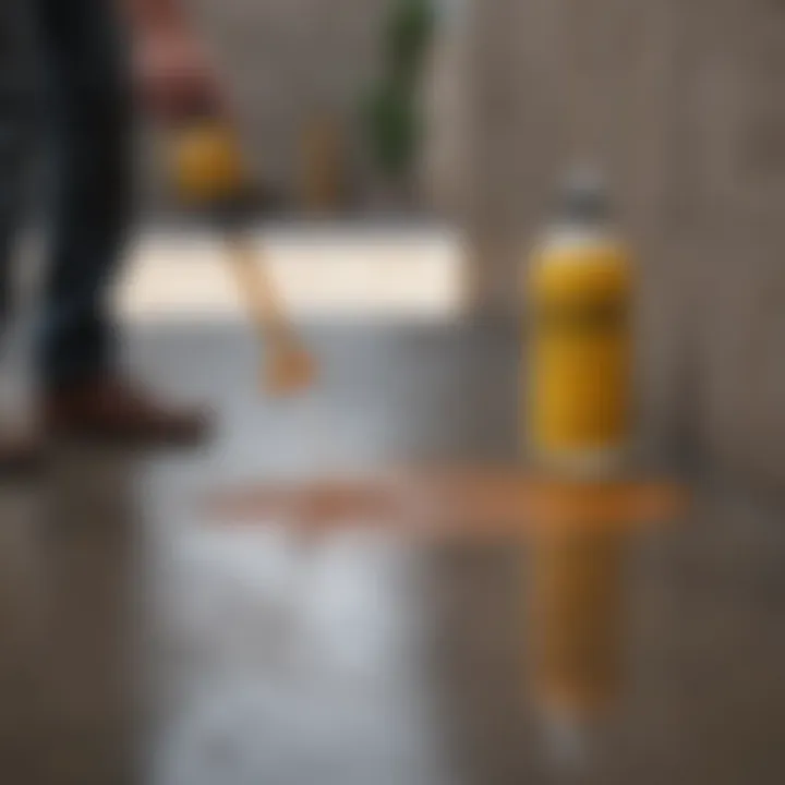 Applying a chemical solution to a rust stain on concrete