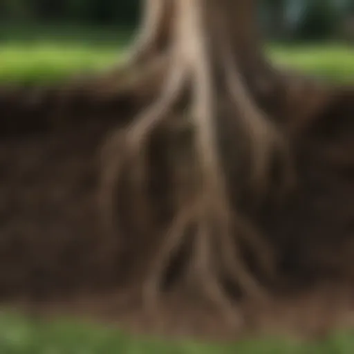 Close-up view of surface roots disrupting a lawn