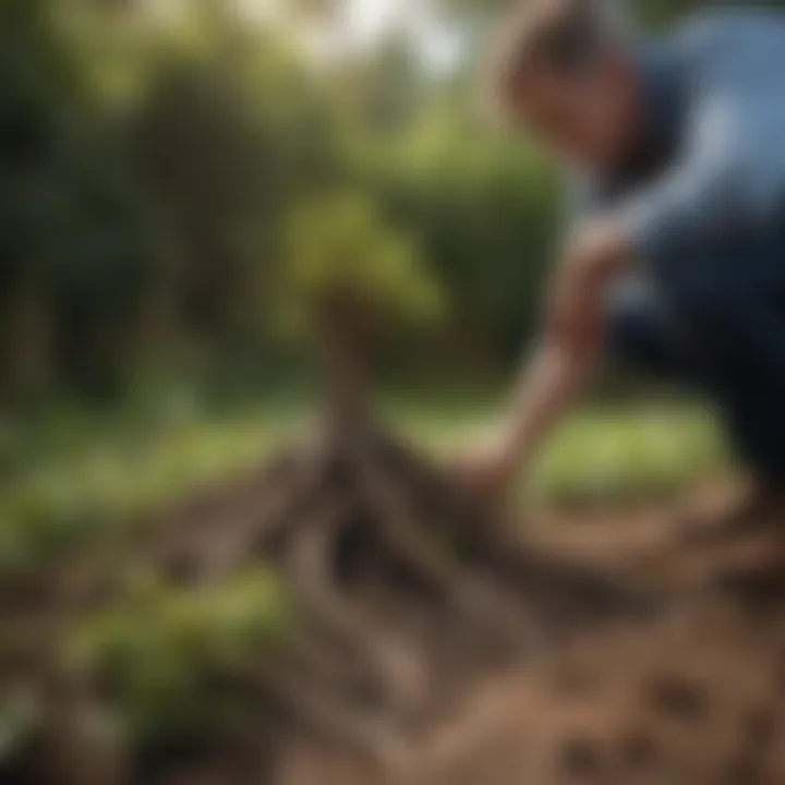 Homeowner examining roots in the garden