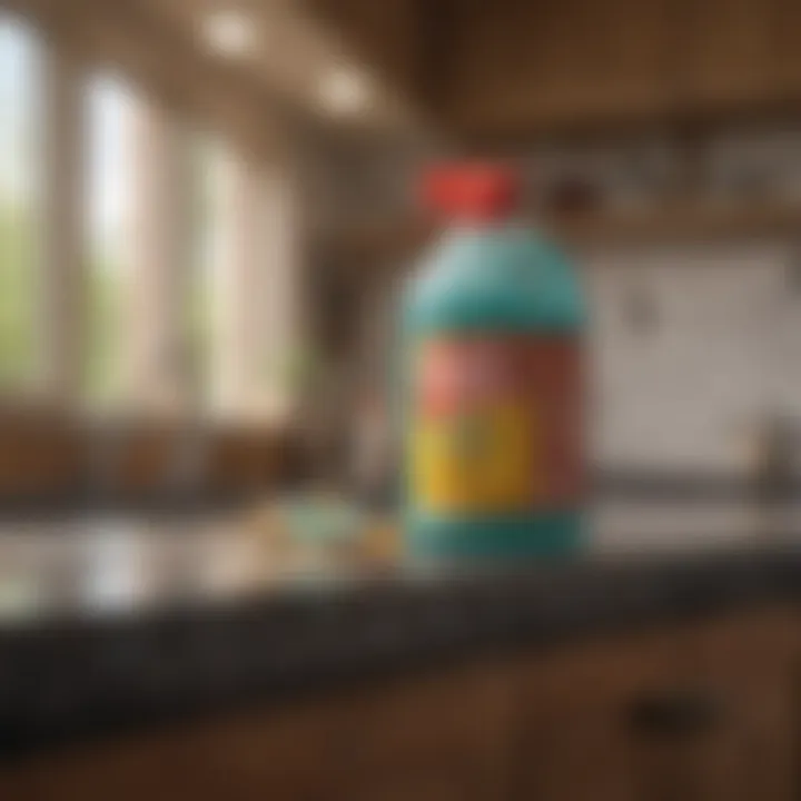 Various commercial cleaning products on a kitchen counter