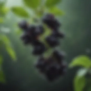 A close-up of elderberry clusters with droplets of water, emphasizing freshness and vitality.