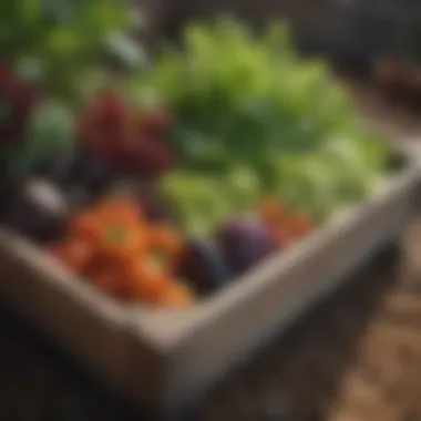 Thriving Vegetables in Elevated Bed A diverse array of vegetables thriving in an elevated garden bed under sunlight.