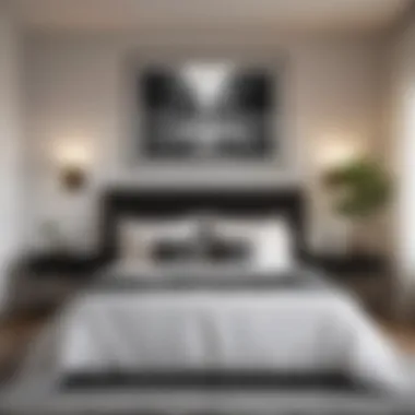 Elegant Bedroom with Black-and-White Photograph An elegant bedroom with a large black-and-white photograph above the bed, adding sophistication and depth to the decor.