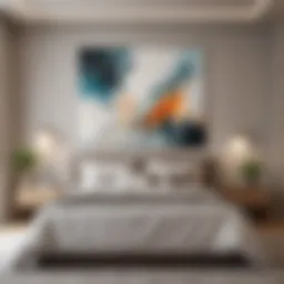 A serene bedroom adorned with an abstract painting above the bed, enhancing the tranquil atmosphere.