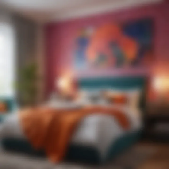 A vibrant bedroom with colorful prints above the bed, creating a lively and cheerful environment.