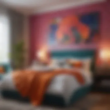 Vibrant Bedroom with Colorful Prints A vibrant bedroom with colorful prints above the bed, creating a lively and cheerful environment.