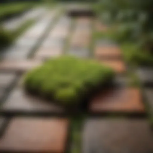 A close-up view of moss growing on pavers