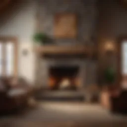 A beautifully arranged rustic fireplace adorned with natural wood and stone elements.