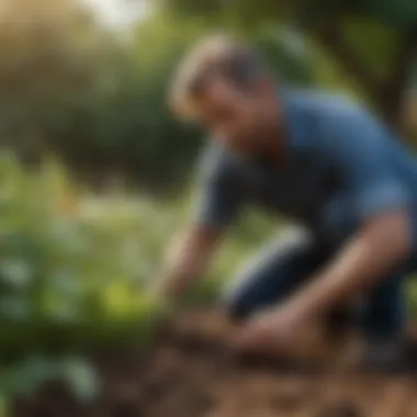 Applying Fertilizer to Enhance Growth A garden enthusiast applying fertilizer to vegetable plants