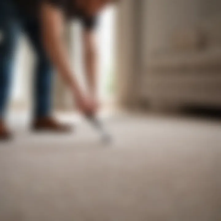 A professional installing carpet in a living room