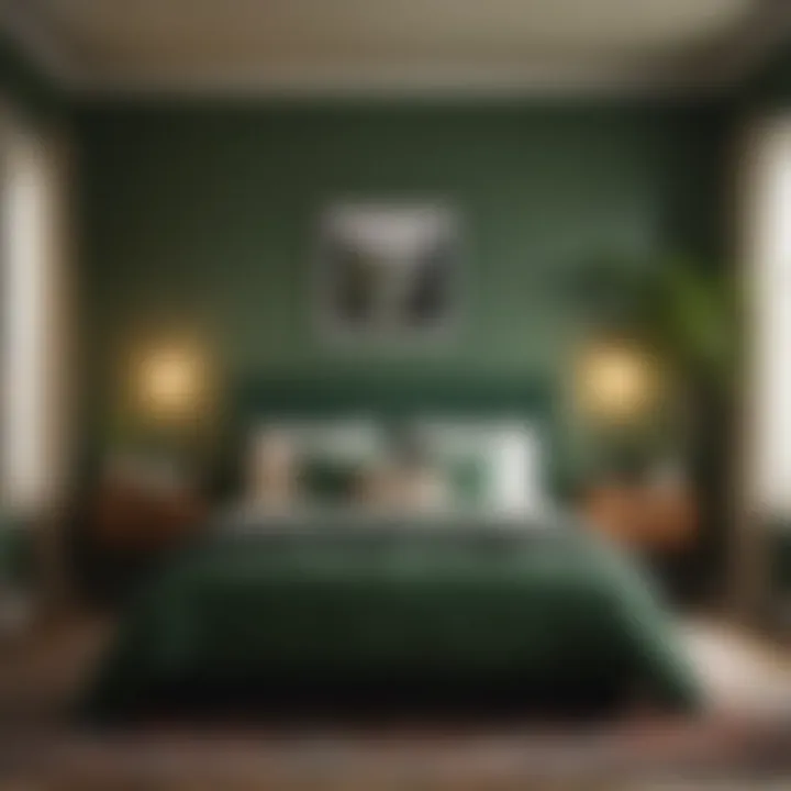 Stylish bedroom showcasing a rich green palette