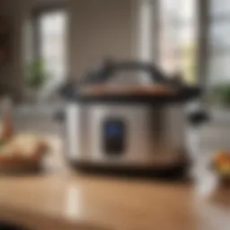 A modern slow cooker showcasing its sleek design and automatic shut-off feature