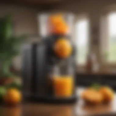 A glass filled with vibrant, freshly squeezed juice beside a juicer.