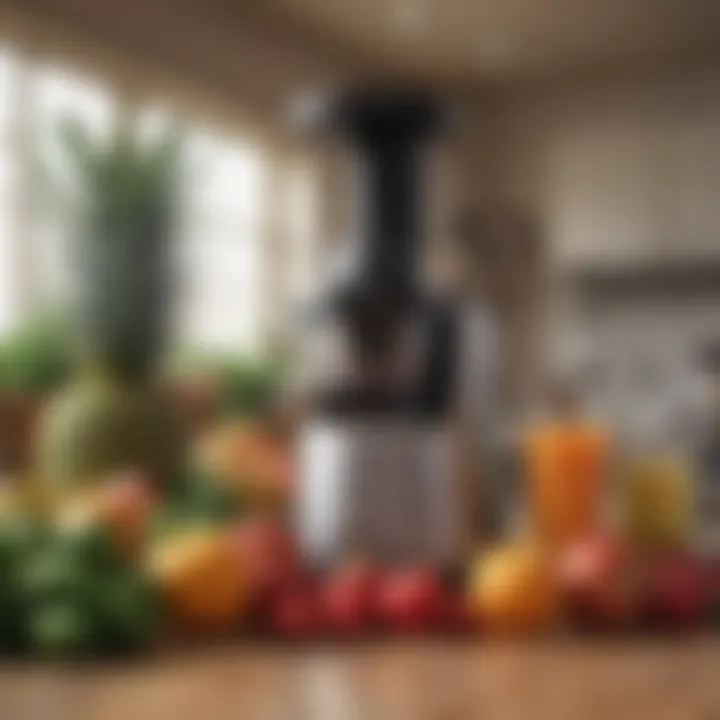 A variety of fruits and vegetables next to an affordable juicer.