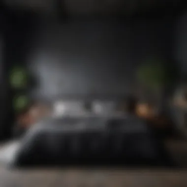 Industrial style black bedroom with raw materials