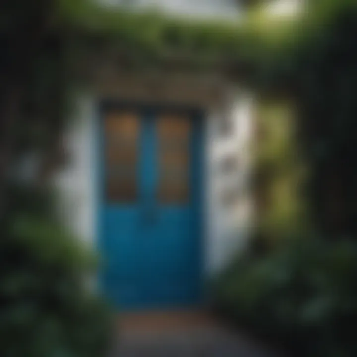 A serene blue front door surrounded by greenery