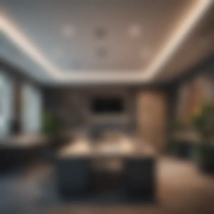 Contemporary office with innovative ceiling cabinets