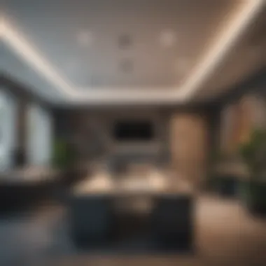Modern Workspace: Innovative Ceiling Cabinets Contemporary office with innovative ceiling cabinets