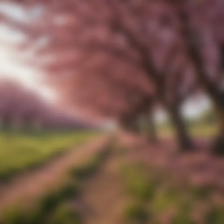 A breathtaking landscape featuring a cherry tree orchard adorned with pink flowers
