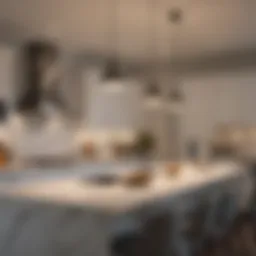 Sleek pendant lights illuminating a modern kitchen island.