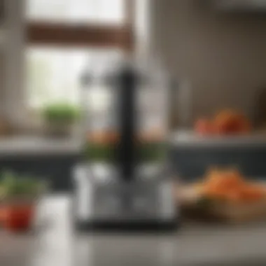 Cuisinart Food Processor on Kitchen Countertop An organized kitchen countertop featuring a Cuisinart food processor in action alongside fresh ingredients.