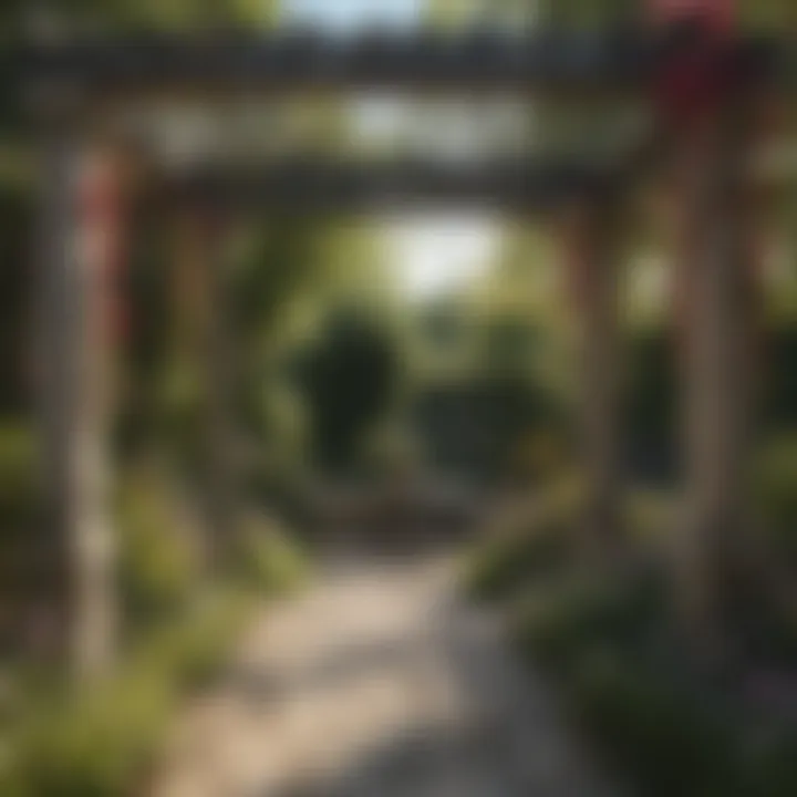 Traditional stone pergola surrounded by flowers