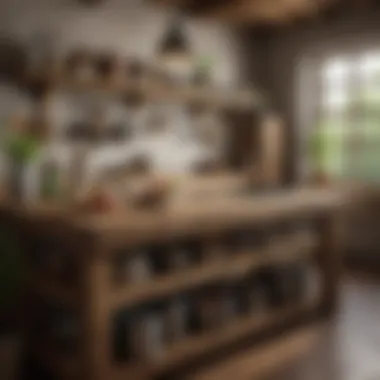 Rustic wooden free standing kitchen counter with accessories