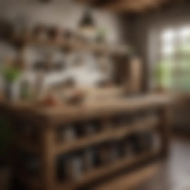 Rustic wooden free standing kitchen counter with accessories