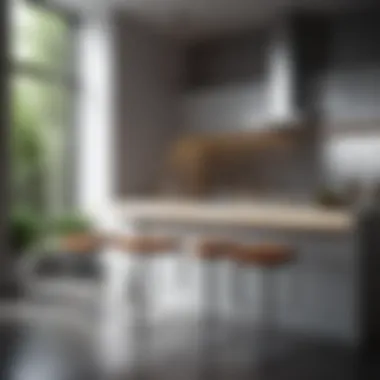 Sleek contemporary free standing kitchen counter with bar stools