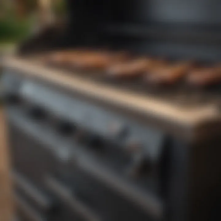 Close-up of gas BBQ grill features and controls