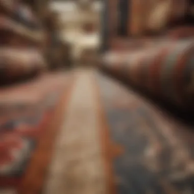 A close-up view of various unique rug patterns and textures displayed in a store.