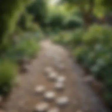 A quaint gravel path meandering through a landscaped yard.