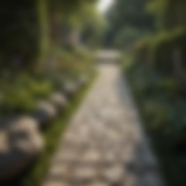 A beautifully designed stone walkway surrounded by lush greenery.