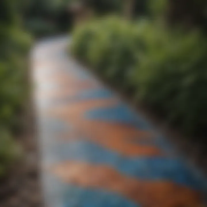 An artistic mosaic tile pathway adding color to the outdoor space.