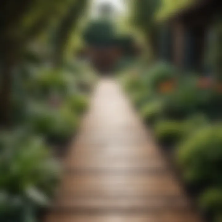 A modern wooden pathway leading through a vibrant garden.