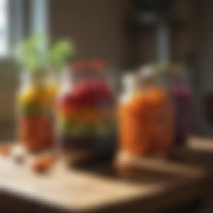 A variety of colorful jars filled with preserved fruits and vegetables.