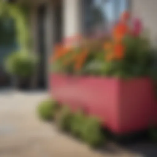 A modern low planter box filled with vibrant flowers and greenery.