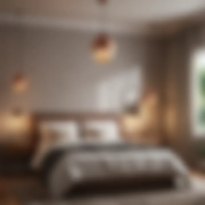 A cozy bedroom with unique pendant lighting features