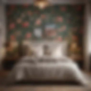 Cozy Bedroom with Floral Wallpaper A cozy bedroom adorned with floral patterned natural look wallpaper.