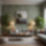 A serene living room showcasing natural look wallpaper with a botanical design.